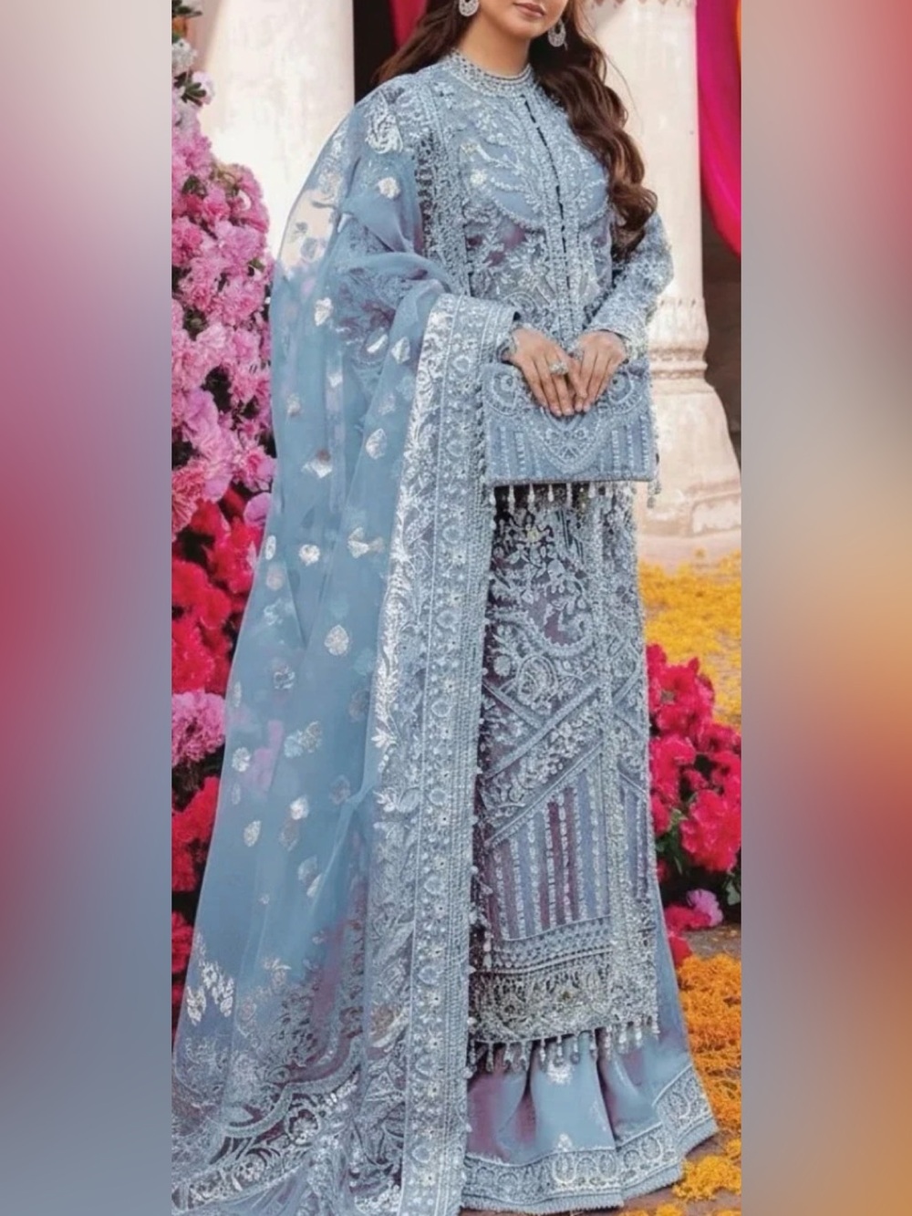 Embroidered Light Blue Long Sleeve Formal Women's Dress with Dupatta